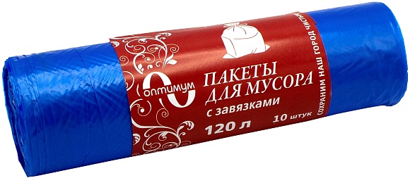 Мешки мусорные ПНД 120л (20) С завязкой в рулонах (по 10 шт) (голубой) Оптимум (х1/36) [упаковка]