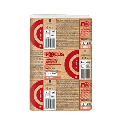 Полотенца бумажные в листах 24х21.5см Focus Premium 2х слойные, Z сложение, H2, 200 шт. (ПЭТ) 5083802  (х1/20) [упаковка]