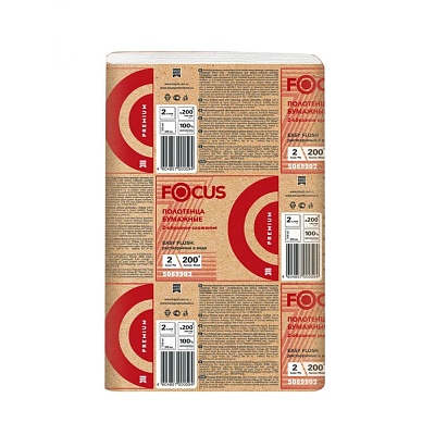 Полотенца бумажные в листах 24х21.5см Focus Premium 2х слойные, Z сложение, H2, 200 шт. (ПЭТ) 5083802  (х1/20) [упаковка]